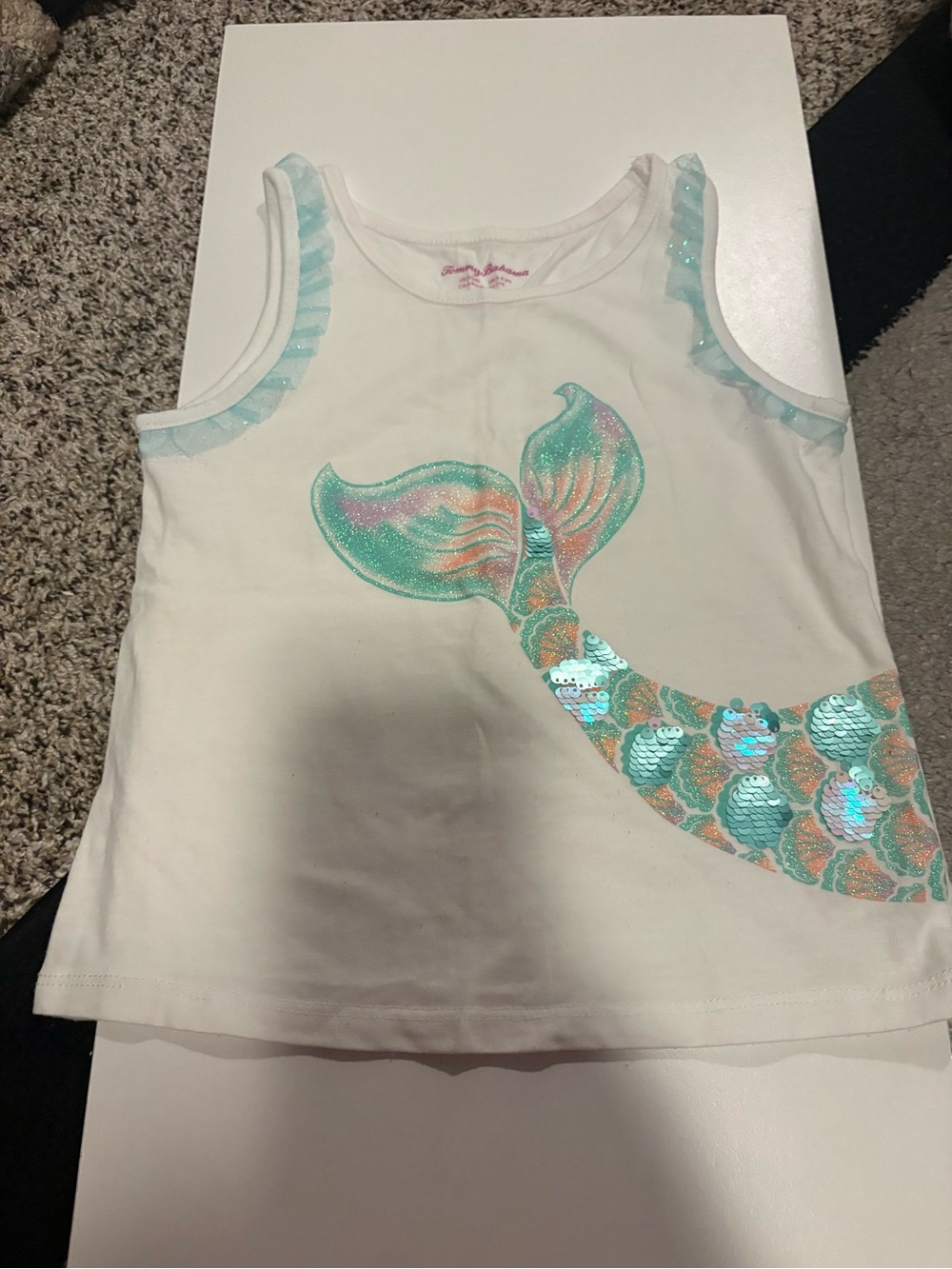 Tommy Bahama White Girls Mermaid Sequin Tank with Aqua and Pastel Pink Accents